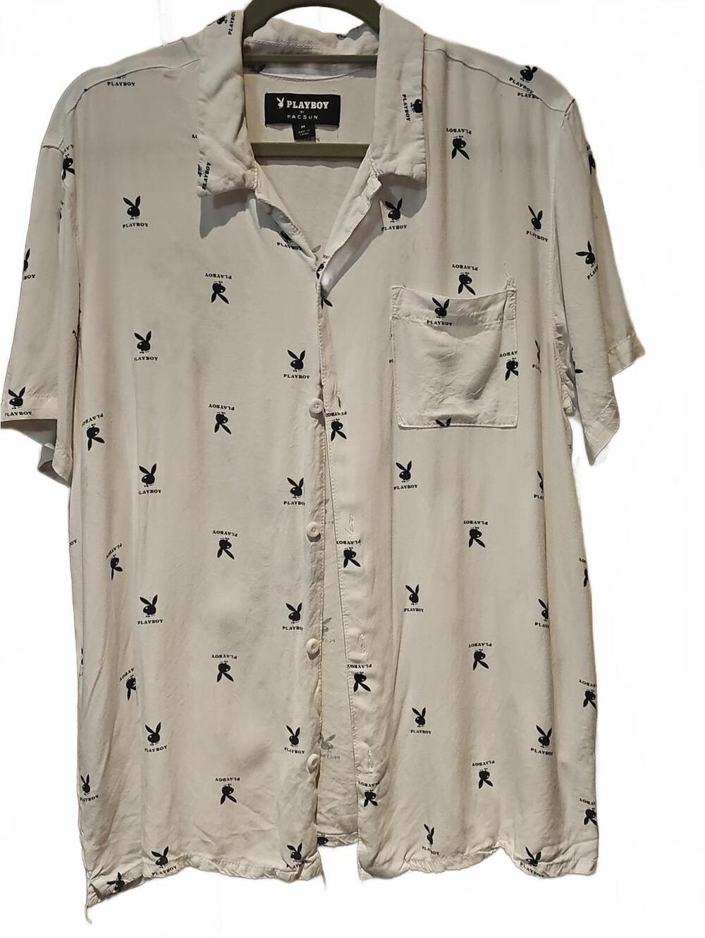 Playboy By Pac Sun Logo White Short Sleeve Rayon AOP Button Up Shirt Size Medium